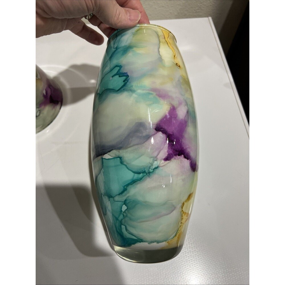 Swirl Vase Reverse Painted Watercolor Art Glass Italy Lot Of 2 Blue Purple Etc - Picture 3 of 13